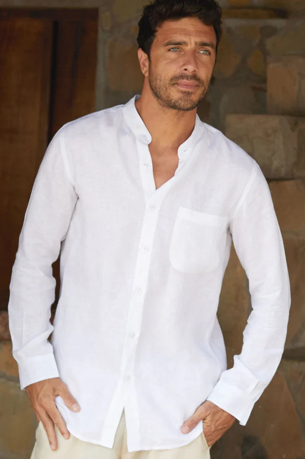 Aspiga Men's Linen Nehru Collar Shirt in White