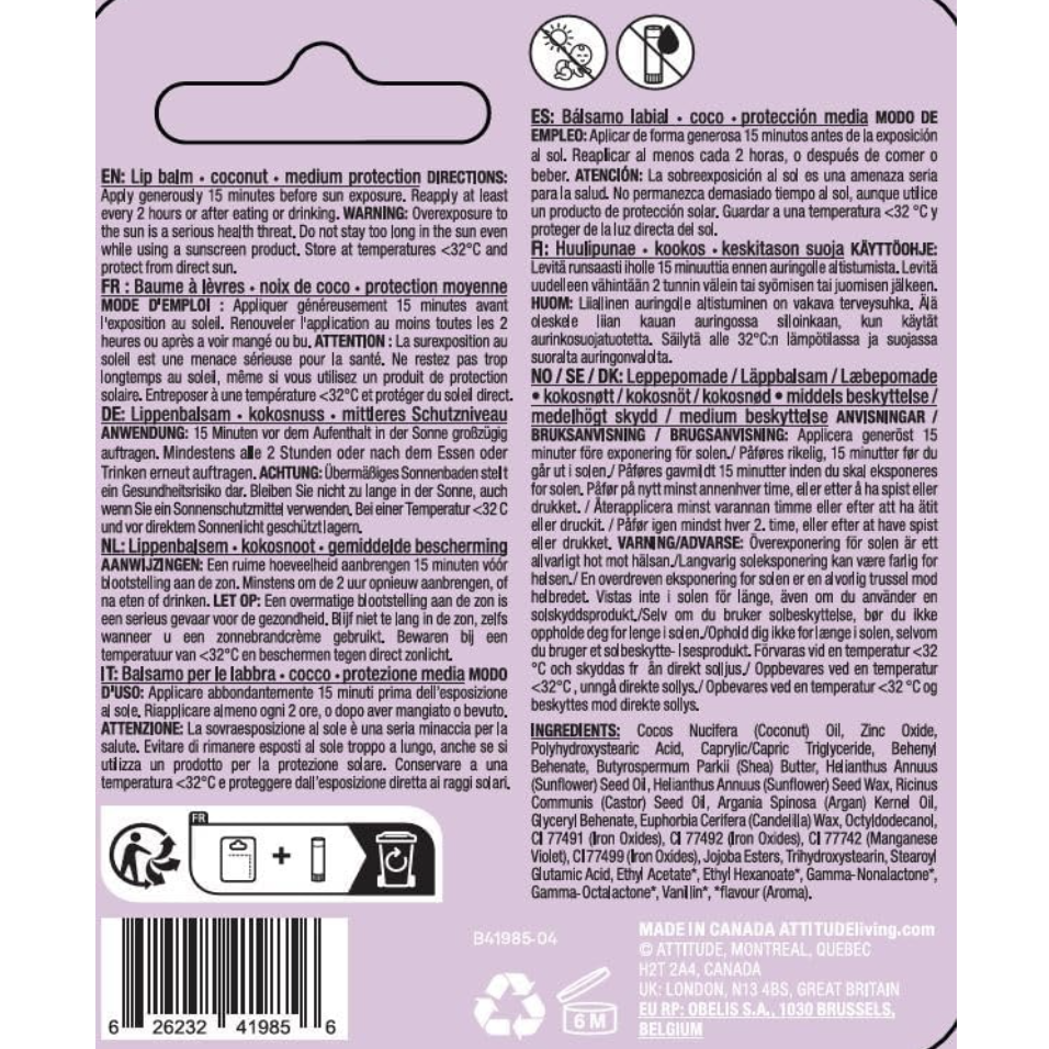 Attitude Plastic-free Lip Balm with Sun Protection SPF 15