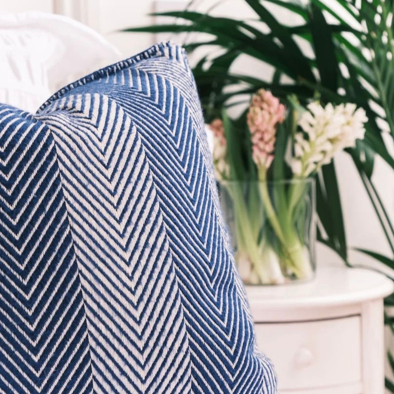 Conscious Convert Herringbone Organic Cotton Cushion Blue