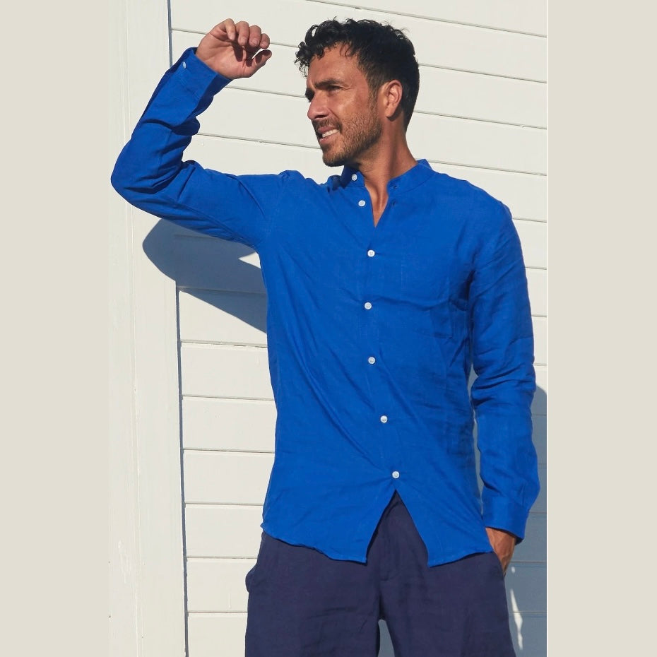 ASPIGA Men's Nehru Collar Linen Shirt in Cobalt Blue