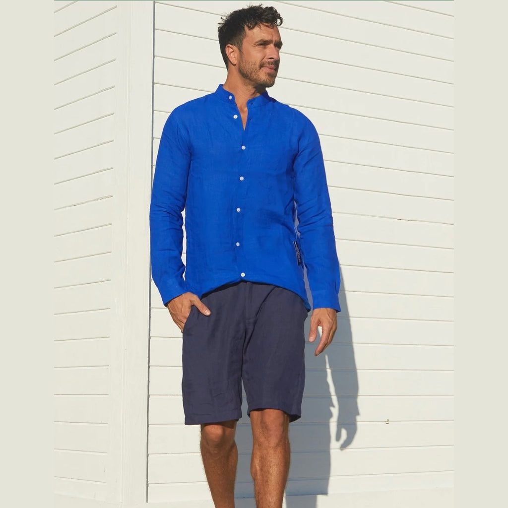 ASPIGA Men's Nehru Collar Linen Shirt in Cobalt Blue