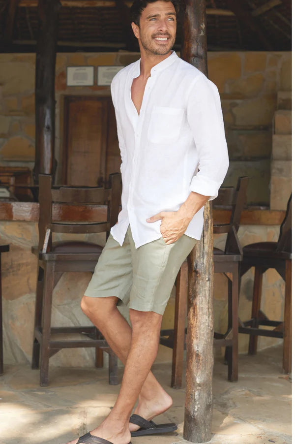 Aspiga Men's Linen Nehru Collar Shirt in White
