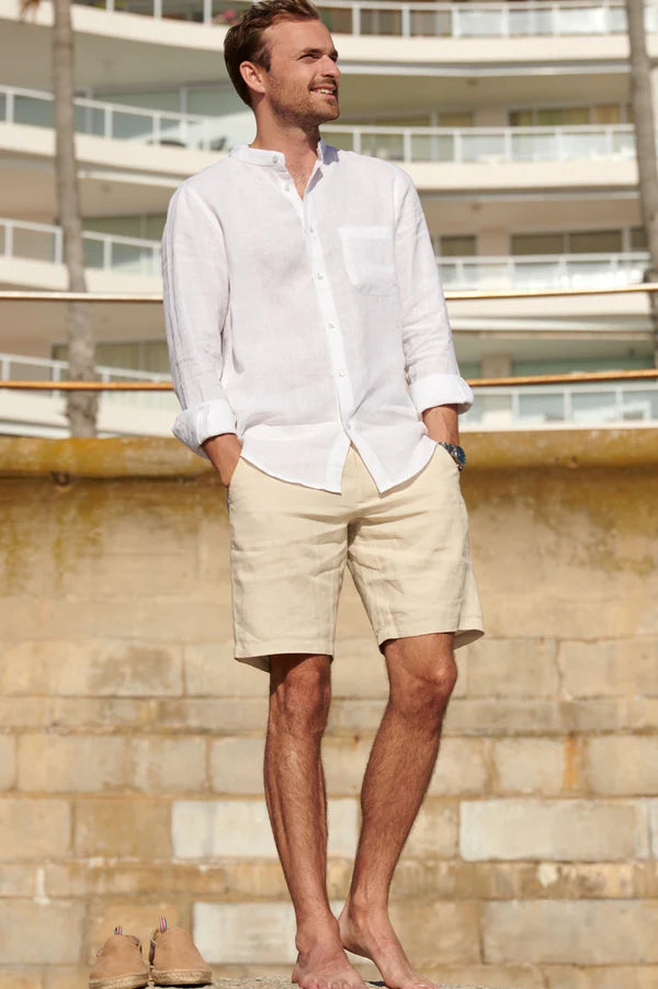 Aspiga Men's Linen Nehru Collar Shirt in White