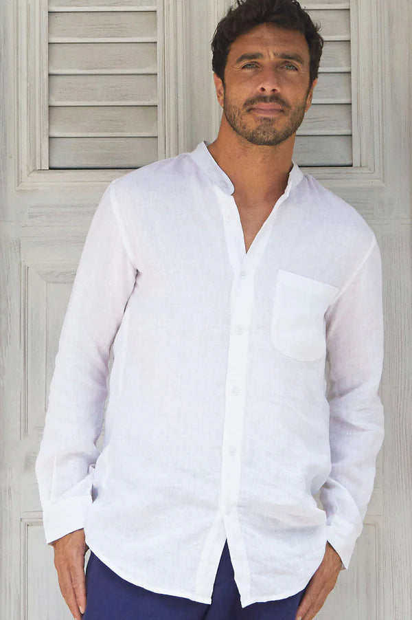 Aspiga Men's Linen Nehru Collar Shirt in White