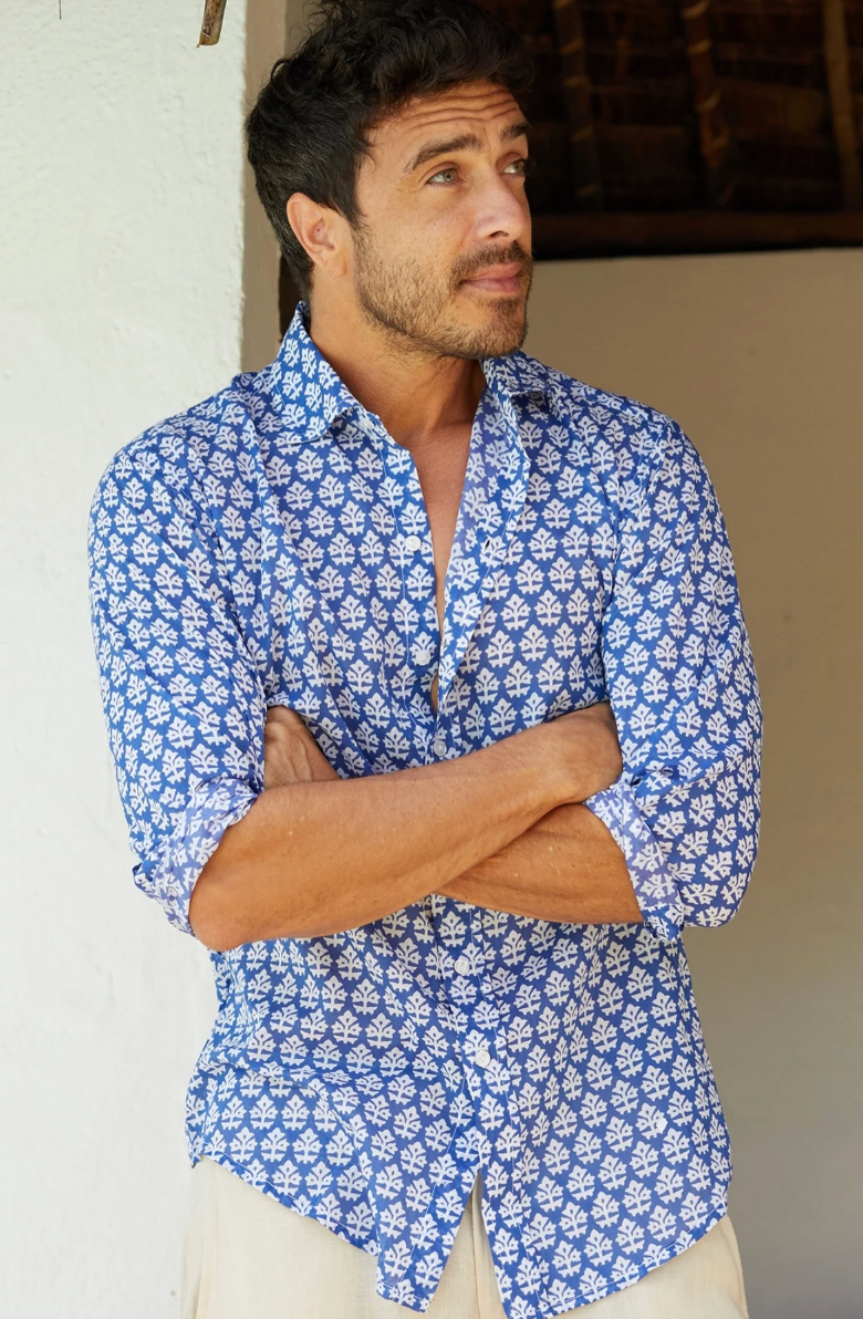 Aspiga Men's Organic Cotton Shirt Batik Pattern Blue/White