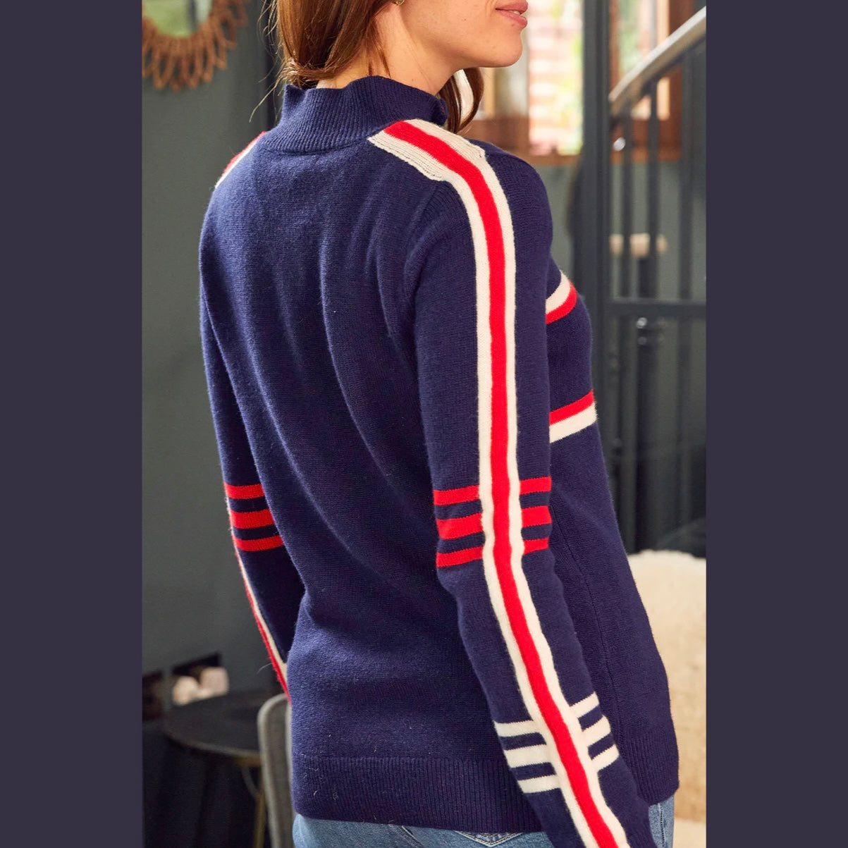 Aspiga Merino Wool Stripe Hearts Quarter Zip Sweater