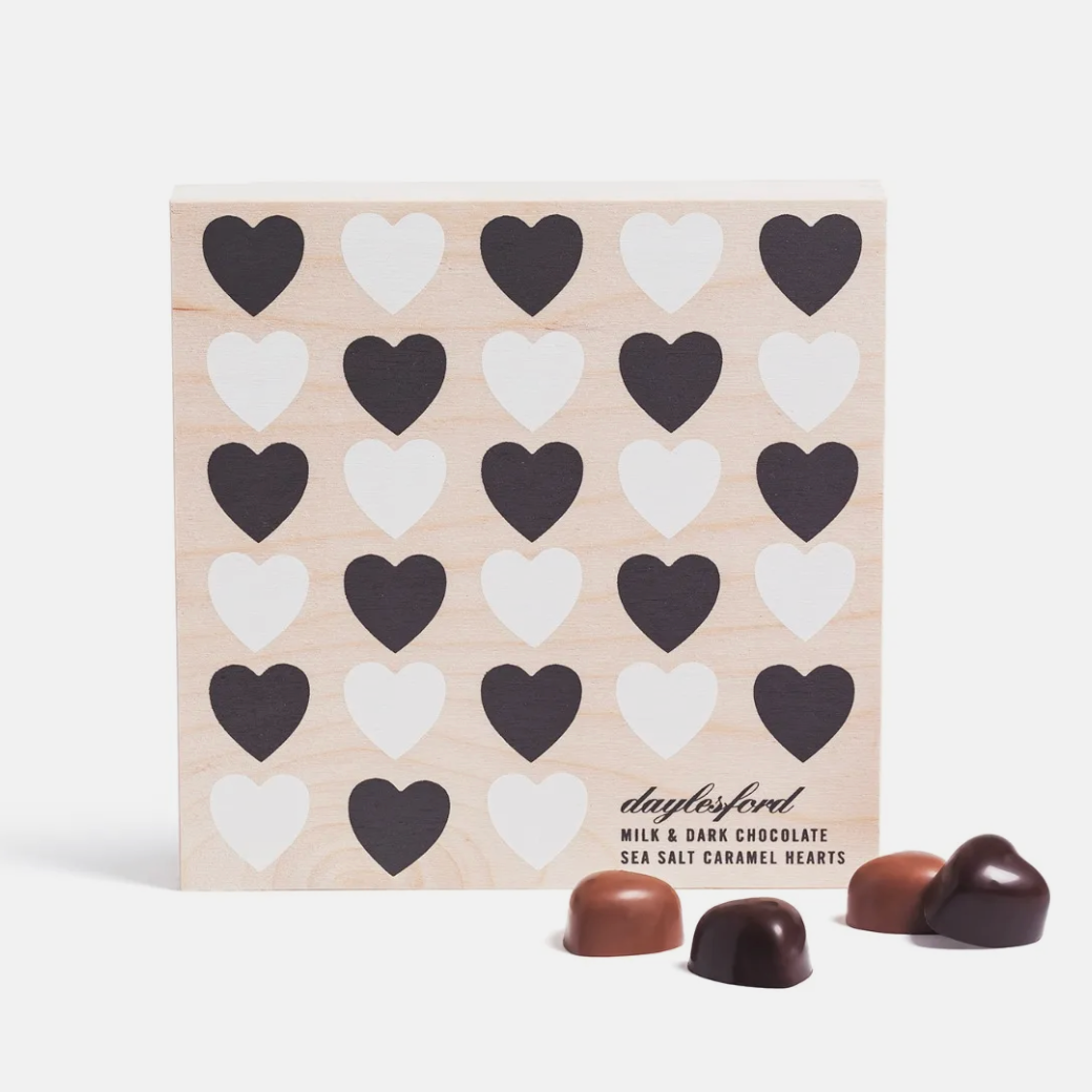 Daylesford Milk & Dark Chocolate Sea Salt Caramel Hearts Wooden Box