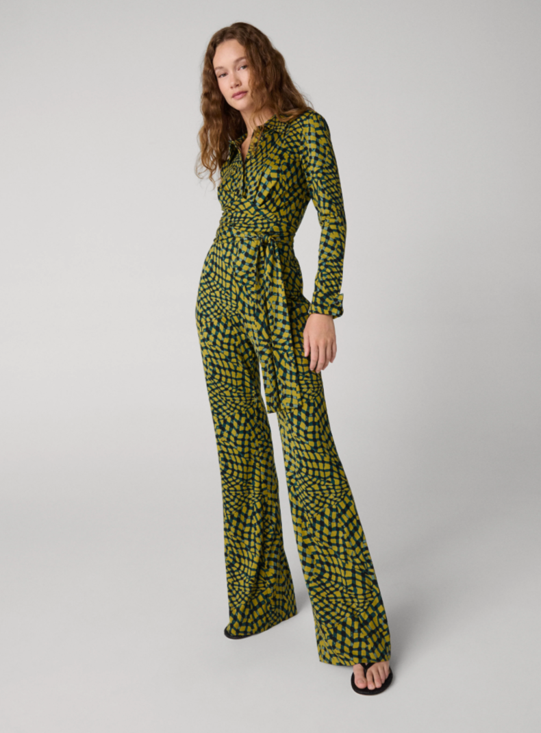 Diane von Furstenburg Michele Jump Suit in Mini Floating Plaid Ecru
