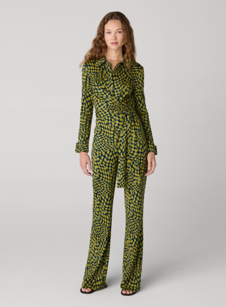 Diane von Furstenburg Michele Jump Suit in Mini Floating Plaid Ecru