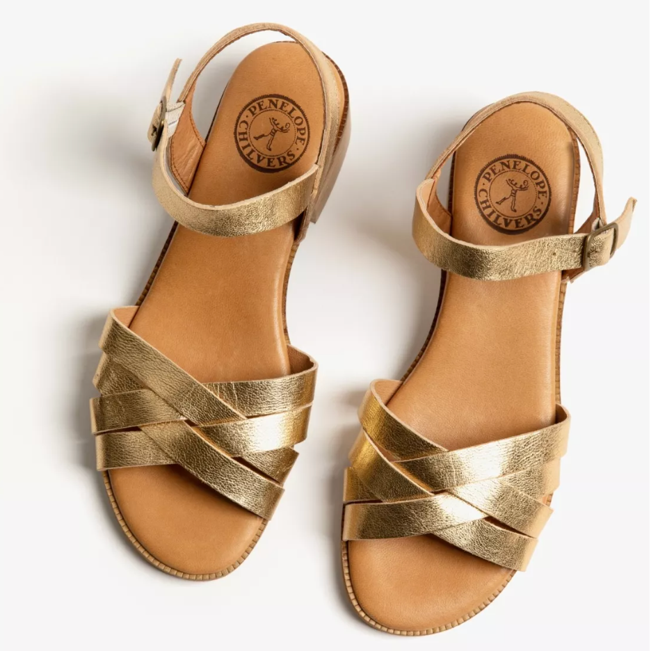 Penelope Chilvers Heeled Shepherdess Leather Sandal Gold