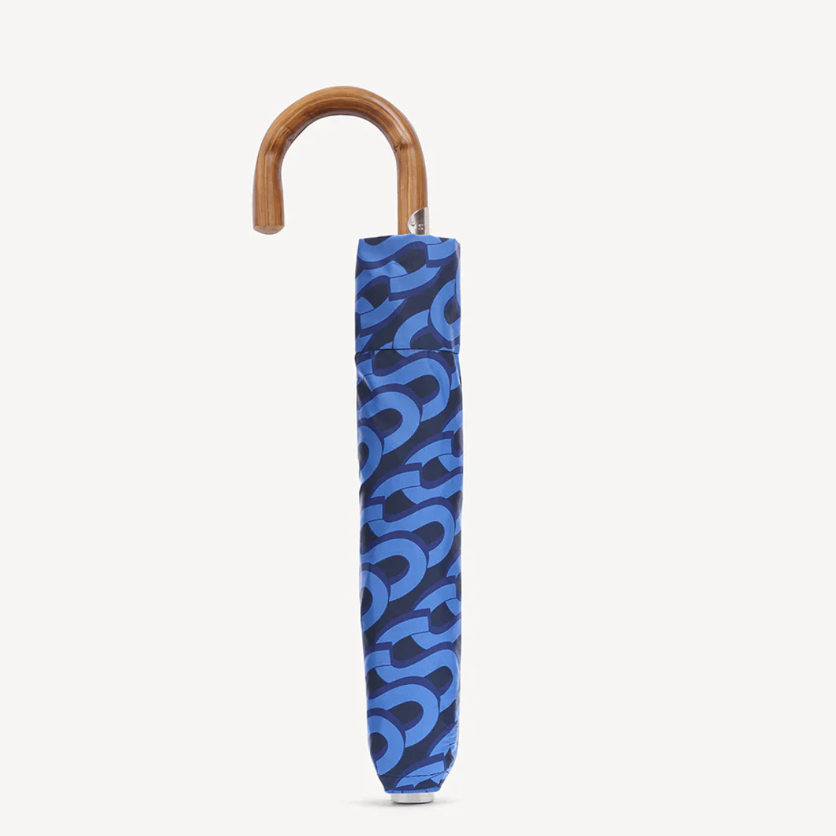 Swaine Collapsible Umbrella Chestnut Handle Monogram Print - Blue