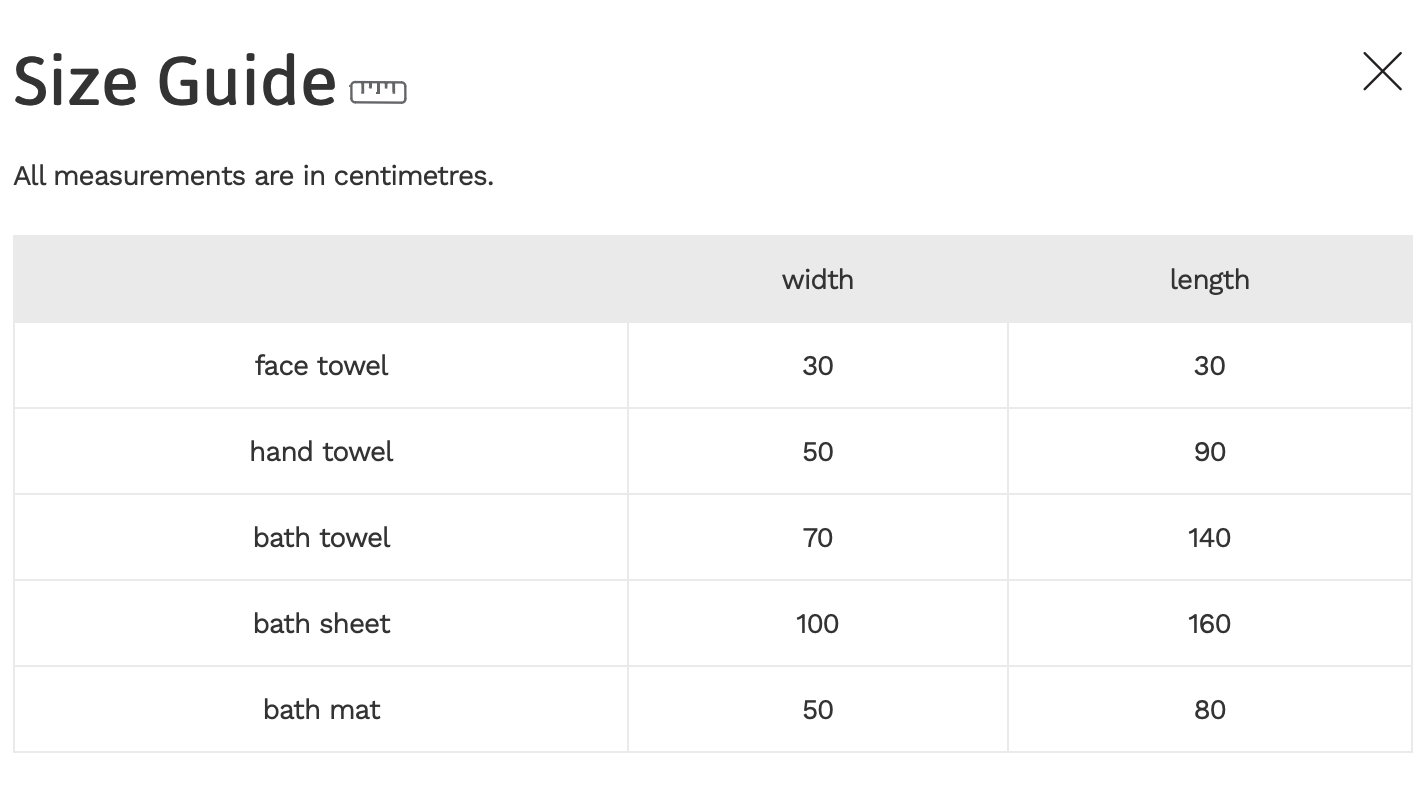 Dip & Doze Mini Set of Six Towels Size Guide