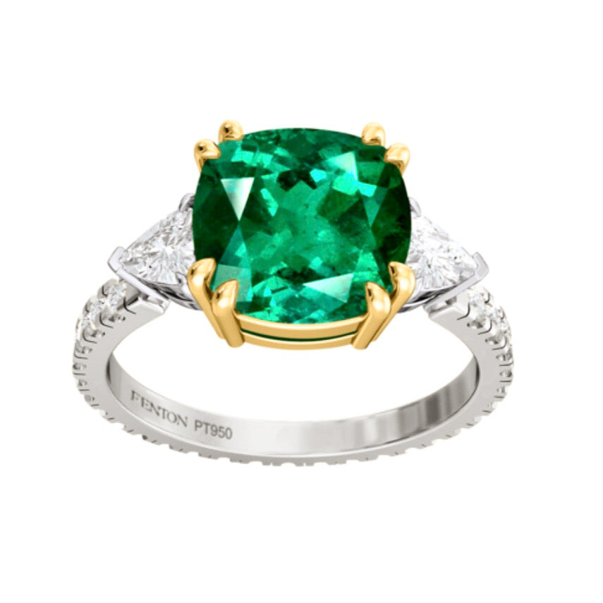 Fenton Trilogy Cushion Emerald Platinum Ring