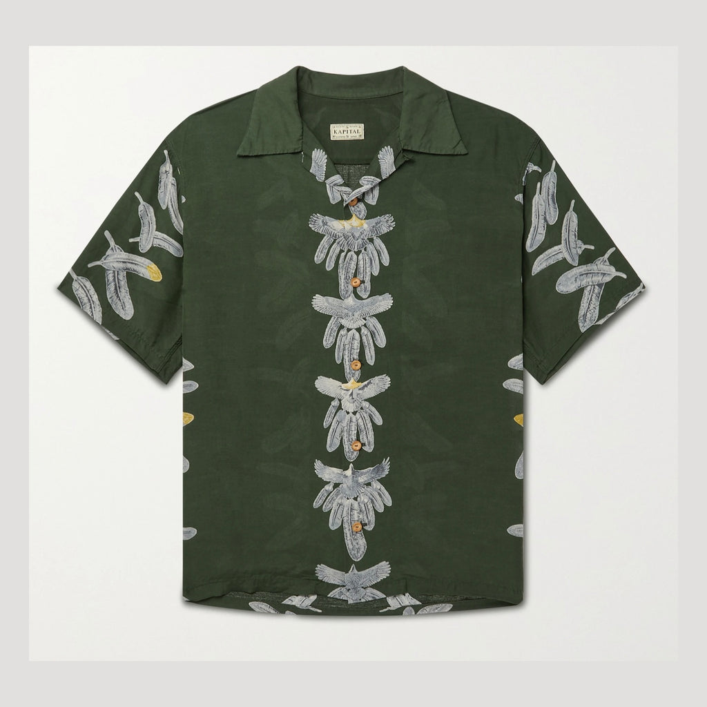 Kapital Camp Collar Printed Woven Short Sleeve Shirt in Green