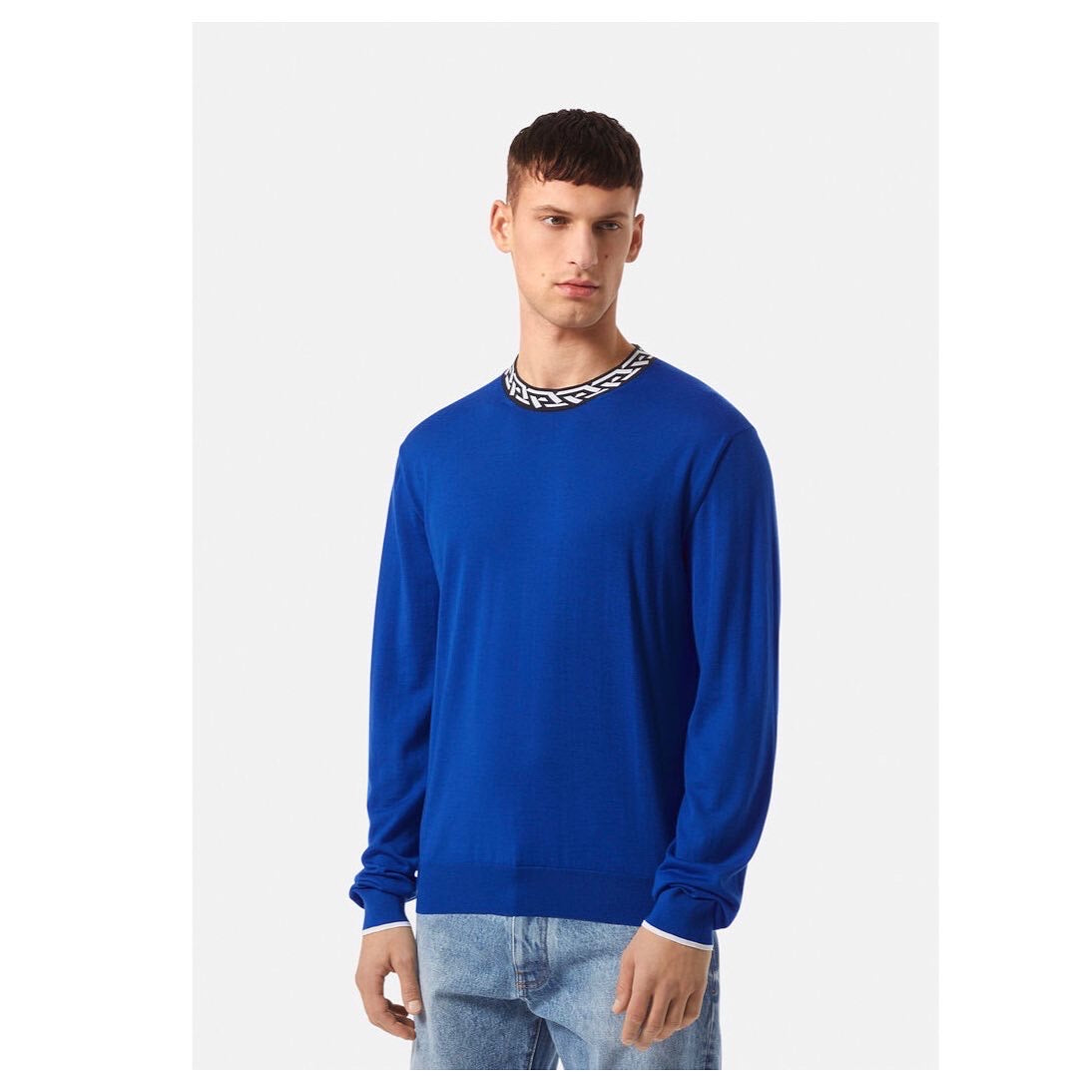 Versace Men's Greca Wool Jumper in Blue